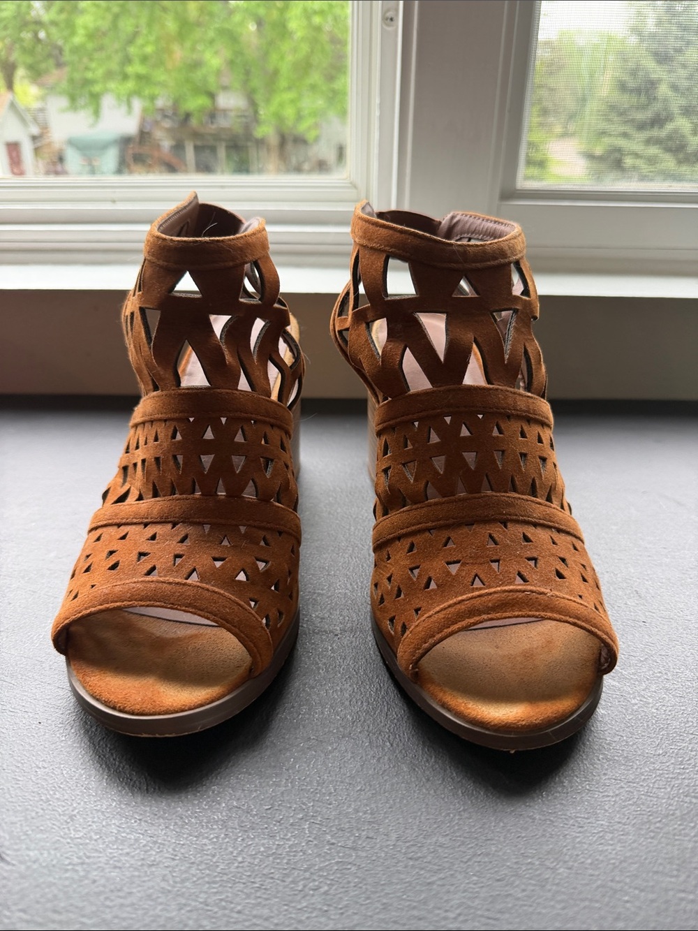 Sociology Cutout Suede Open-Toe Heels in Cognac Brown